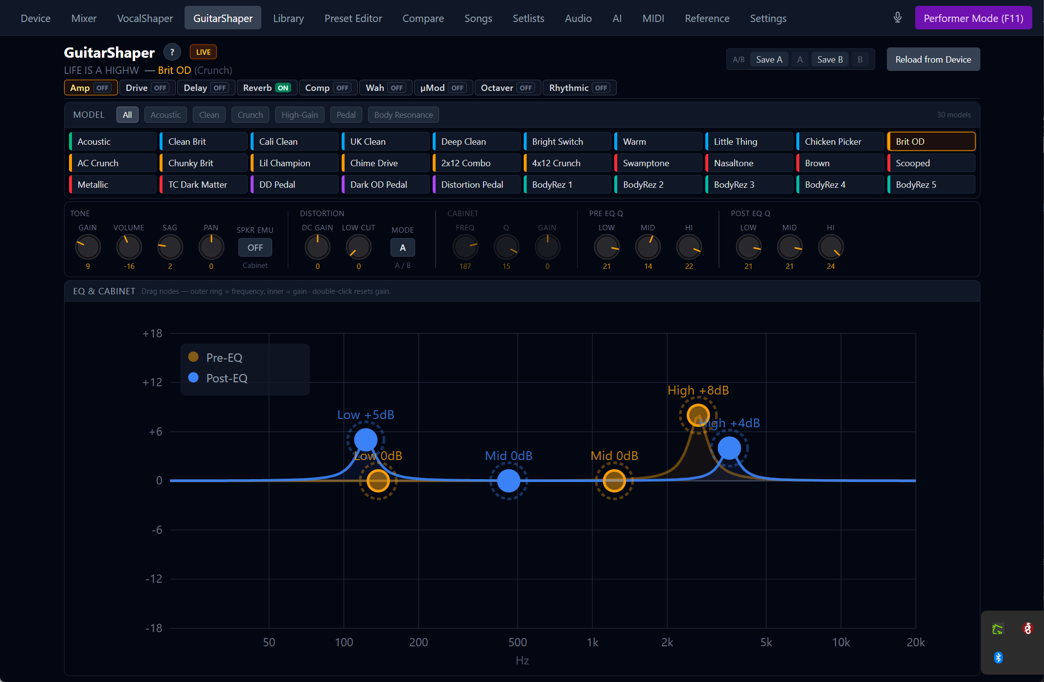 VL Studio's GuitarShaper Amp tab — model browser tiles, tone knob row, and a Pre-EQ + Post-EQ curve editor with draggable shelf and bell nodes